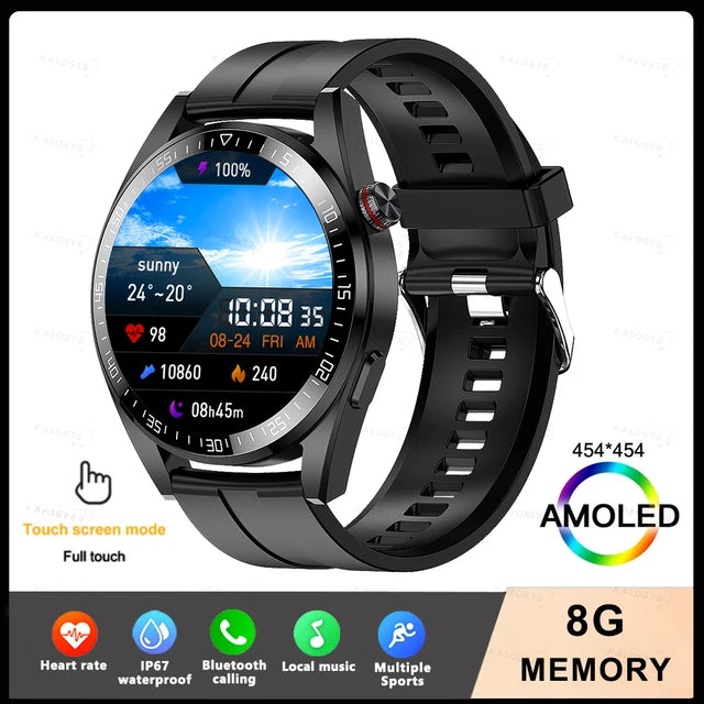 New Smart Watch Mens 8G Memory Local Music Player 454*454 AMOLED Screen Bluetooth Call Sports Man Smartwatch For Samsung Huawei